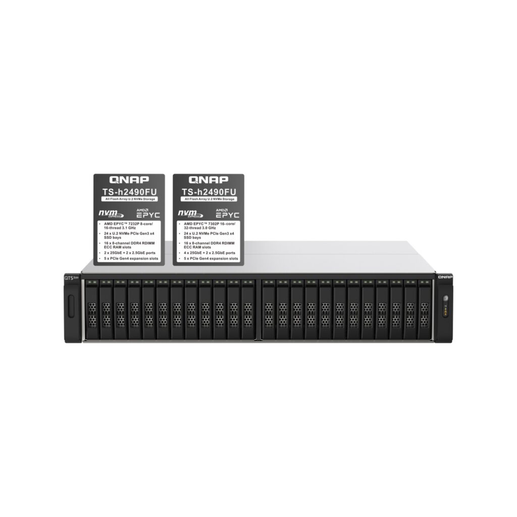 שרת אחסון NAS QNAP TS-h2490FU-7302P-128G – 24 מפרצים, 128GB RAM, למסד (Rack)